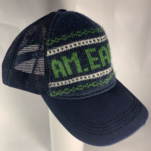 AM Eagle Spell Out Distressed Hat Dark Blue Snapback Knit Trucker Cap - Picture 2 of 7